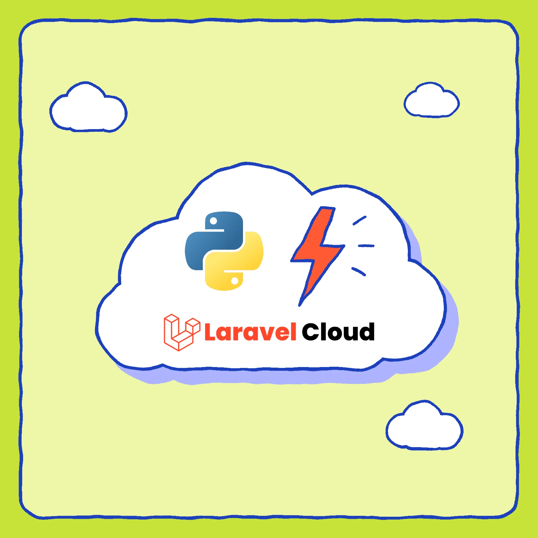 Illustration of the Python logo and a lightning bolt inside a cloud labelled Laravel Cloud
