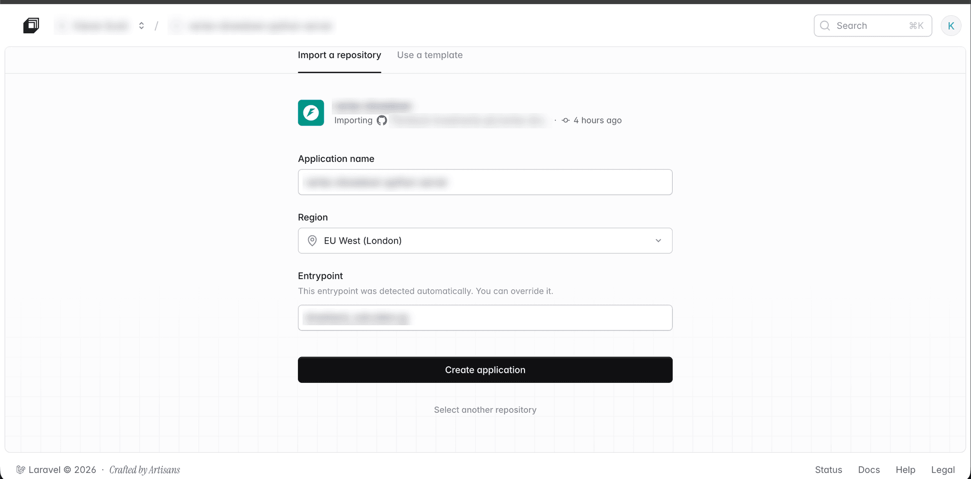 Laravel Cloud application settings for the FastAPI service: name, region and entrypoint