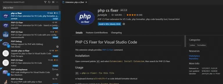 PHP cs fixer extension