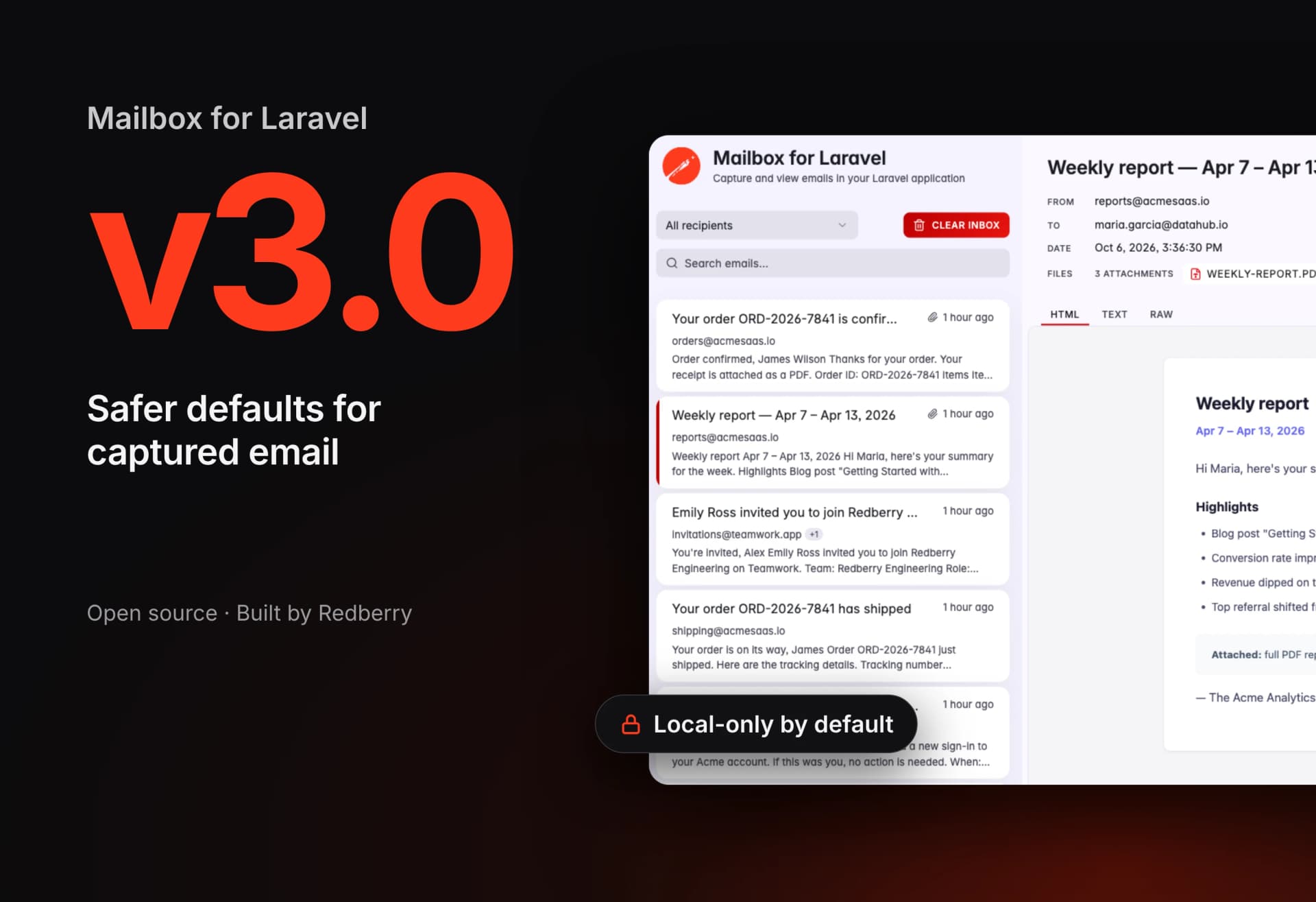 image shows a screen of mailbox for laravel dashboard and reads mailbox for laravel v3.0